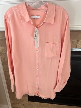 NWT Foxcroft Haven Tencel Shirt 16W Peach Sorbet Fringe Frayed Hem Button Down